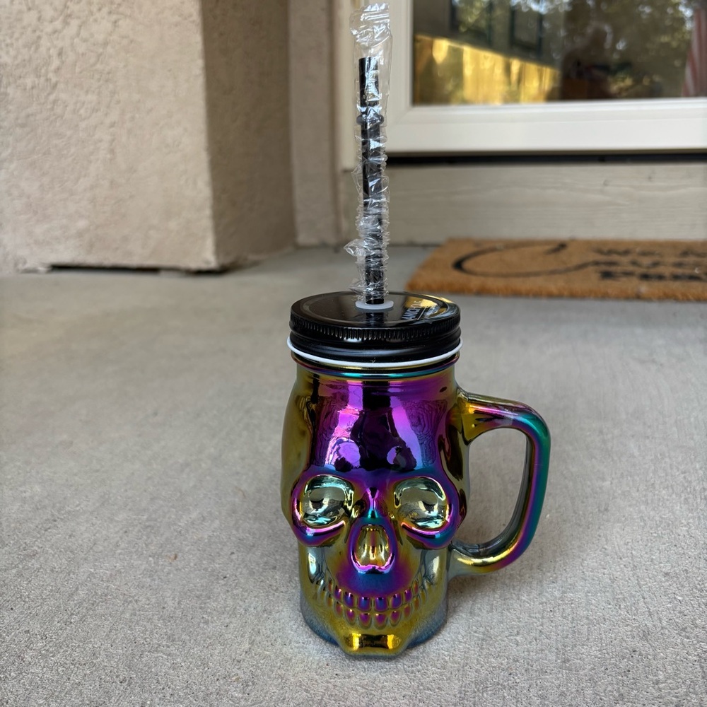 Rainbow Holographic Iridescent Glass Skull Sipper Mason Jar with Lid and Straw